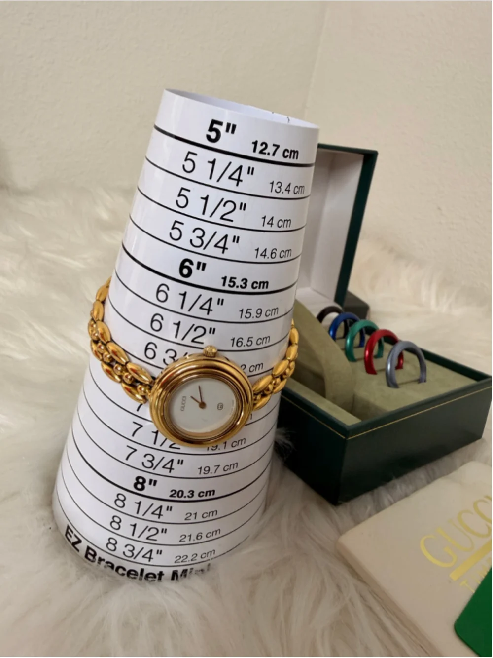 Gucci Interchangeable Bezel Rice Link Watch, w/ 6 metal bezels, box & paperwork